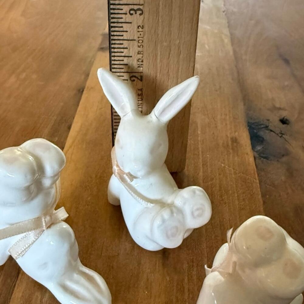 Set of 3 Yoga Bunny Figurines • White Ceramic • Easter Decor • Ear Repairs - Picture 4 of 7